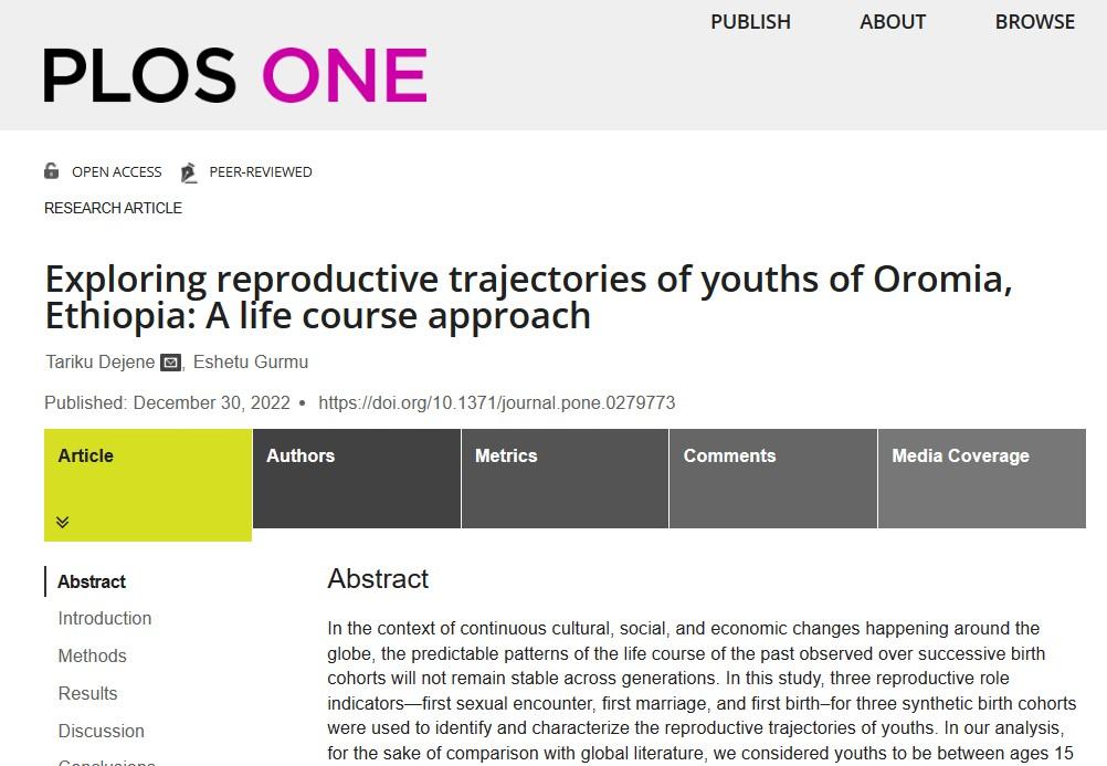Exploring reproductive trajectories of youths of Oromia, Ethiopia: A life course approach