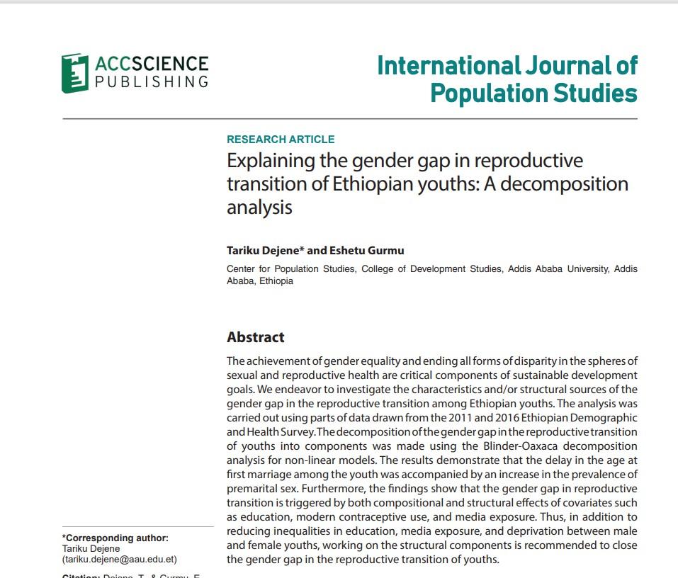 Explaining the gender gap in reproductive  transition of Ethiopian youths: A decomposition  analysis