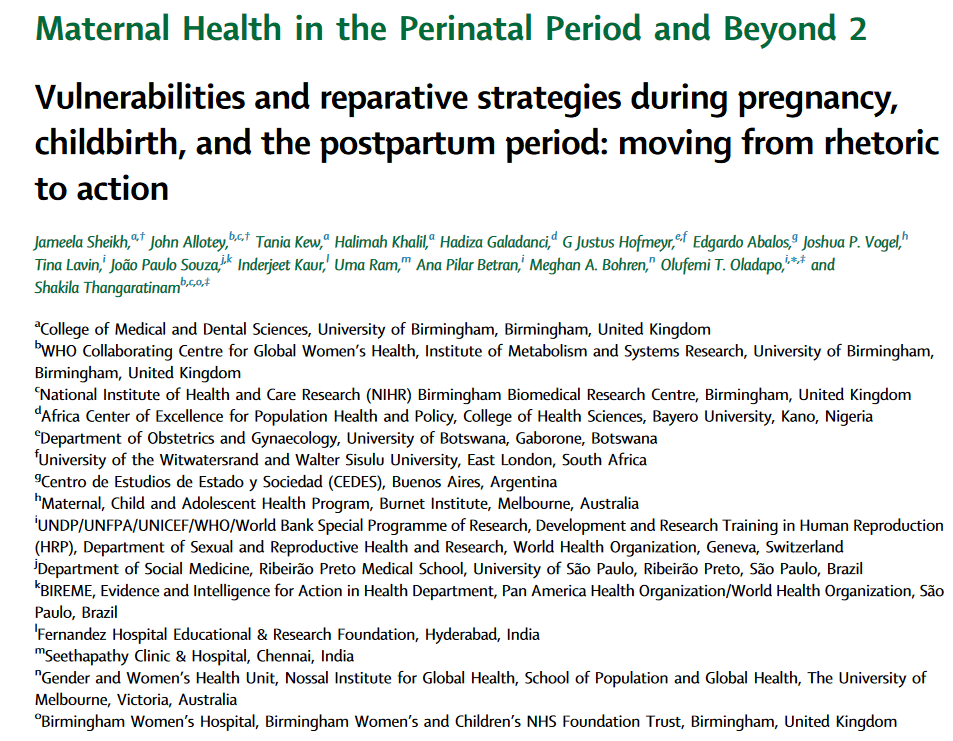 Maternal Health in the Perinatal Period and Beyond 2 Vulnerabilities and reparative strategies during pregnancy, childbirth, and the postpartum period: moving from rhetoric to action