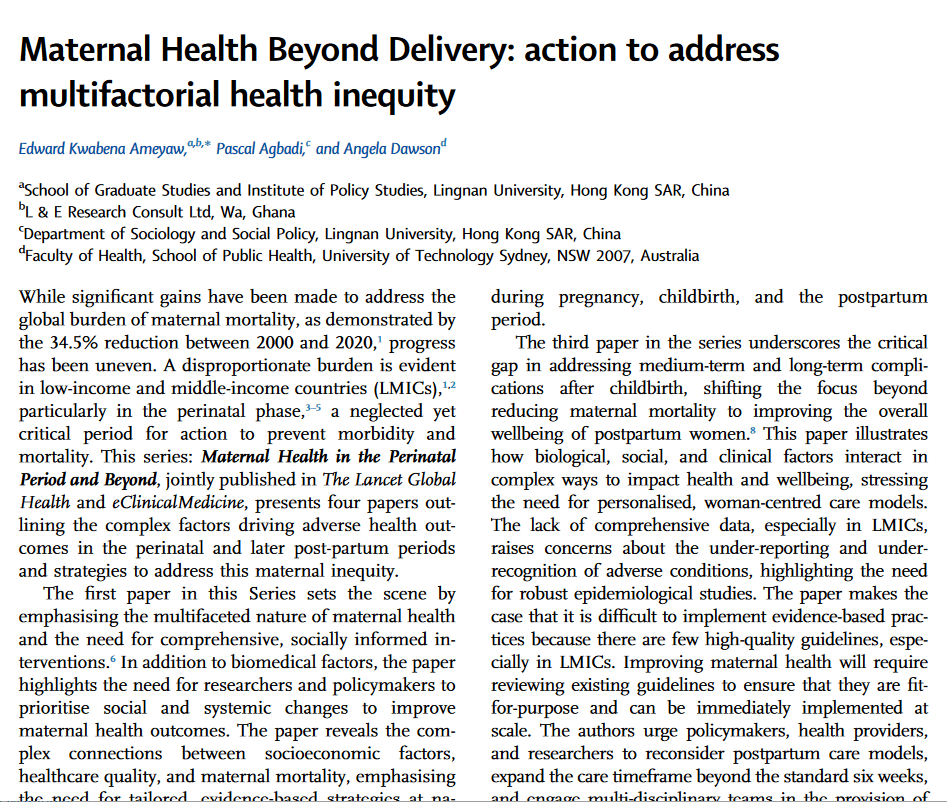 Maternal Health Beyond Delivery: action to address multifactorial health inequity